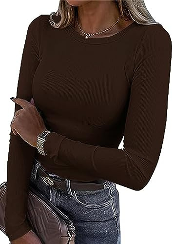 TrendiMax T-shirt à manches longues pour femme - Col rond - Extensible - Élégant - Manches longues - Haut basique, Café foncé., M