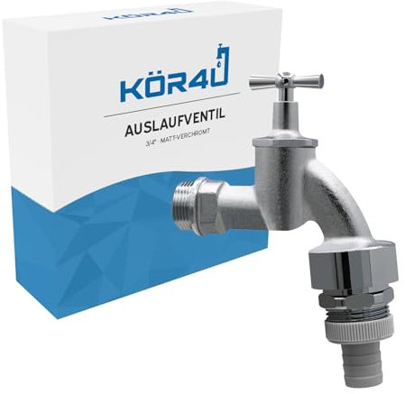 kör4u Auslaufventil matt-verchromt 3/4 Zoll, Messing, mit Schlauchverschraubung, Wasserhahn, geeignet für innen und außen (Auslaufventil 3/4)