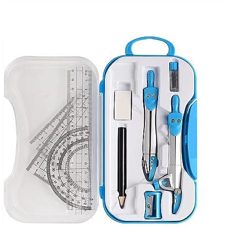Schulzirkel 10-teiliges Geometrie-Set, Mathe-Werkzeug-Set mit Zirkel, Winkelmesser, Bleistift, Radiergummi, Anspitzer-Set, quadratisches Dreieck, Lineal, Nachfüllungen for Studenten und technisches Ze