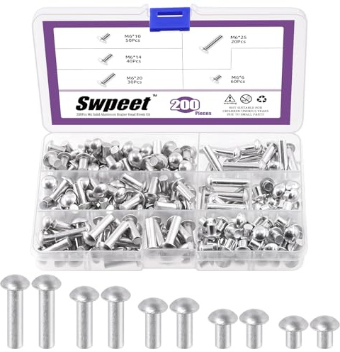 Swpeet 200Pcs M6 × 6mm 10mm 14mm 20mm 25mm Solid Aluminum Brazier Head Rivets, Aluminum Rivet, Plain Finish, Universal Head, High Corrosion Resistance for Repairing Boats, Aircraft, Making Armor