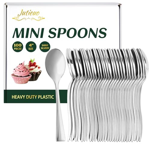 Jutieuo 100CT Plastic Mini Spoons 4 Inch Heavy Duty Small Plastic Silver Dessert Spoons Disposable Tiny Spoon for Appetizers Tasting, Cocktail Hors D'oeuvres, Wedding Reception
