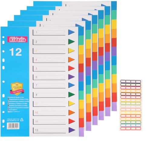 File Dividers A4, 6 Pack 12 Part Folder Dividers Coloured with Sticky Notes | 11-Hole Punched Plastic A4 Dividers for Lever Arch Files Ring Binders Office School Index Dividers