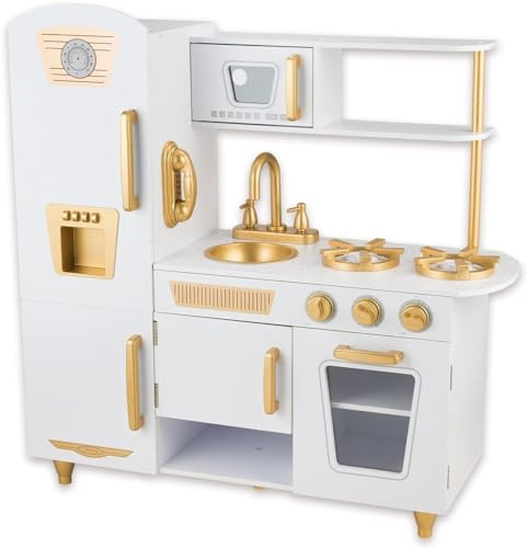 Cuisine en bois rose pour enfants avec évier, cuisinière et four, cuisine de jeu en bois avec accessoires, pour enfants à partir de 3 ans (blanc)