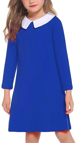 Arshiner Vestidos Niñas Manga Larga Vestido Infantil Cuello Peter Pan Vestido Festivo Vestido Infantil de Una Línea Vestido de Algodón Vestidos Informales Azul 11-12 Años