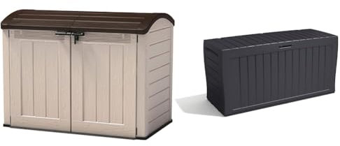 Keter Store It Out Ultra Outdoor Garden Storage Shed, 177 x 113 x 134 cm - Beige and Brown & Marvel+ 270L Outdoor 65% recycled Garden Furniture Storage Box Graphite Wood Panel Effect