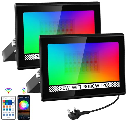 NATPOW LED Floodlight Outdoor 30W, Flood Lights RGB Colour Changing, Timed Security Lights with Remote&APP Control, IP66 Wall Light for Garden Landscap, Hallowen Chrisma Stage Decoration (2Packs)