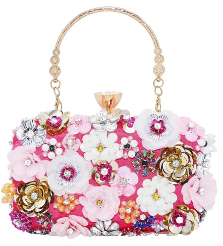 Women's Beaded Floral Clutch Bag with Diamond Closure Evening Wedding | Detachable Shoulder Chain, Satin Fabric, Crystal Sequins, Top Handle, Prom Party Gift