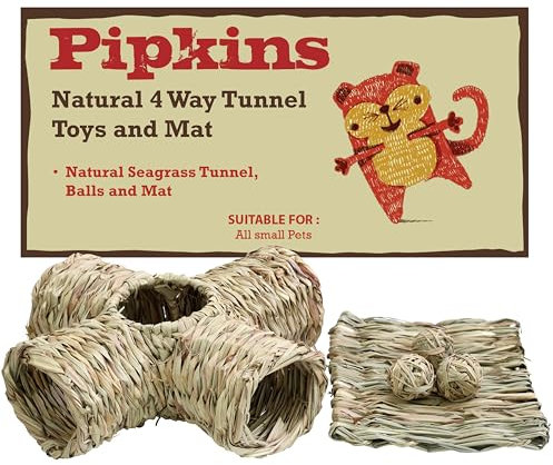 Pipkins 4 Way Natural Grass Tunnel with Sea Grass Balls and Sleeping Mat - Rabbit, Guinea Pig and Hamster Fun Hideaway and Toy Pack