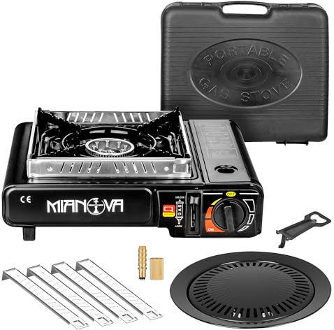 Taffstyle 2-i-1 LPG-anslutning gas, campingkök, gasspis, utomhus, BBQ grill, nödkök, camping, spis 1 lampa, resväska, vindskydd, gaspatroner, gasflaskor, svart, spis, grillplatta