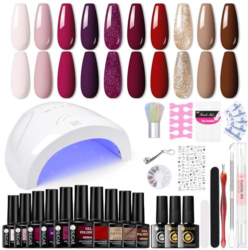 UR SUGAR UV Nagellack Set mit UV Lampe 48W, Gel Nagellack Starterset Nagellacks Starterset mit Base und Top Matte Coat lila Kaffeefarbe Gelnägel Braun Gellack Nägel Nagelstudio Set