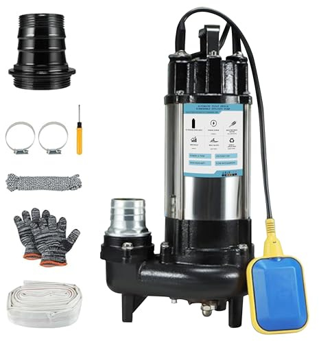1HP Sewage Grinder Pump Submersible Effluent Pump, Sump Pump 110V 6400GPH with Automatic Float Switch,Stainless steel body and reamer.2'' NPT Discharge for Basement, Sump Basin.