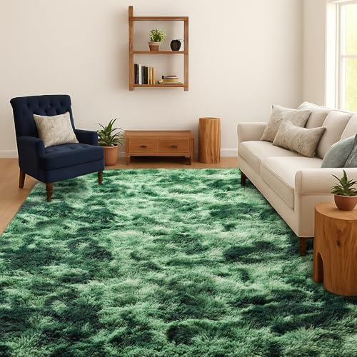 SOANNY Teppich Wohnzimmer Waschbar Anti-Rutsch 200x300 cm, Grün | Hochflor, Langflor, Shaggy, Flauschig, Weich, Tie-Dye, Pflegeleicht, Groß, Für Wohnzimmer Schlafzimmer Kinderzimmer Büro Bett