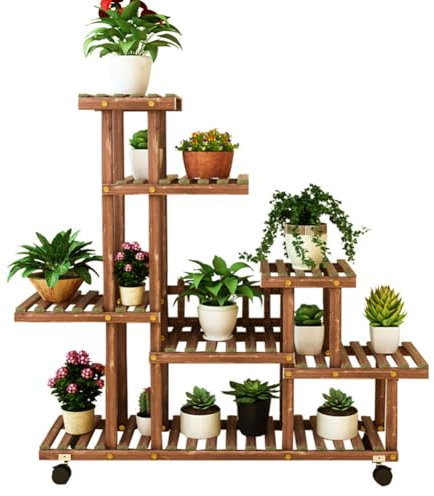 Cachpib Pflanzentreppe Holz Blumenständer mit Rollen Pflanzenregal Blumenregal Balkon Blumentreppe 7 Ebenen Blumenbank Pflanzenhalter für Garten, Terrasse, Rasen, Balkon, 95 x 93 x 25 cm