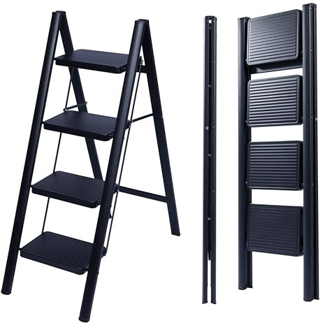 UZIRO Escabeau Pliable 4 Marches, Échelle de Sécurité avec Pieds Antidérapants, Tabouret de Step Idéal pour Maison, Cuisine, Bureau, Ladders Design Compact et Durable (Noir, 4 Marches)