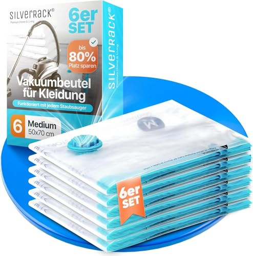 SilverRack Vakuumbeutel Kleidung 6 Stück Medium 50x70 cm Etiketten | Mittel große Vakuumierbeutel Kleidung u. Jacken, Aufbewahrung Vakuumtüten, Kompressionsbeutel Vacuum