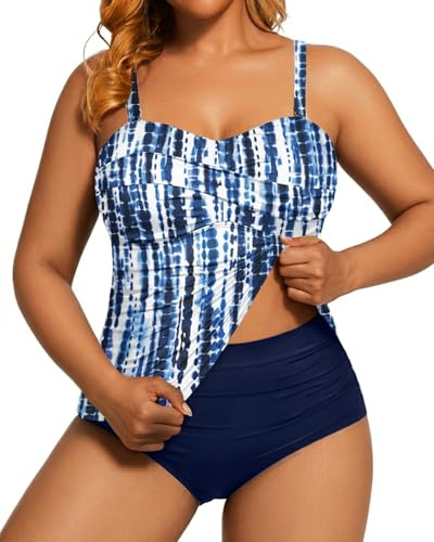 Aqua Eve Women Two Piece Plus Size Tankini Strapless Bathing Suits Bandeau Swimsuits with High Waisted Bottom, Blue Tie Dye, 18 Plus