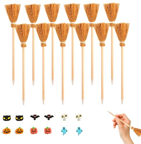MFCGHXR Escoba de Bruja Set de Lápices con Borradores de Halloween - 12 Lápices de Madera en Forma de Escoba Fiestas y Regalos