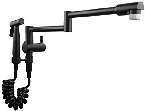 Pot Filler Faucet Brass, Double Joint Swing Arm Kitchen Faucet, 2 Mode Water Outlet, Single Handle Wall Mounted Kitchen Taps with Bidet Sprayer,Black