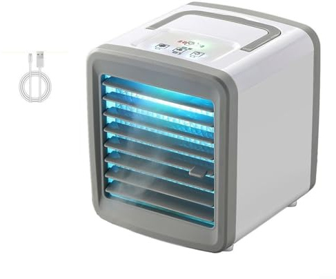 3-in-1 Tragbarer Luftkühler mit Luftbefeuchter & Ventilator, USB-betriebene persönliche Klimaanlage, 2 einstellbare Geschwindigkeiten & 90° Luftstrom, energiesparend (3,5 W), kompaktes ABS-Design für