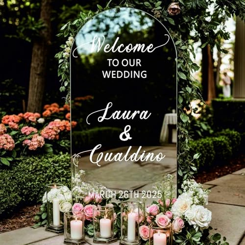 Sticker Miroir De Mariage Personnalisé | Panneau De Bienvenue Élégant For Une Cérémonie Ou Une Réception | Noms Et Date Personnalisés(57x75cm)