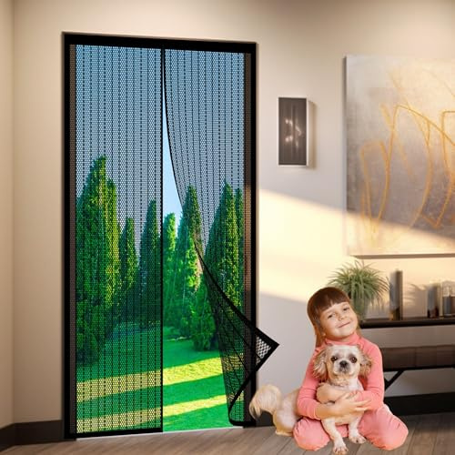 Magnet Fliegengitter Tür 63 x 190 cm Fliegengittertür Insektenschutz Klebemontage Ohne Bohren für Wohnzimmer Terrassentür, Schwarz