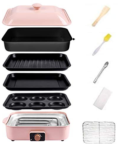 Electric BBQ Grill and Hot Pot Cooker, 4 in 1 Multifunction Non-Stick Multi Plate Set for Dorayaki and Muffins, Pink