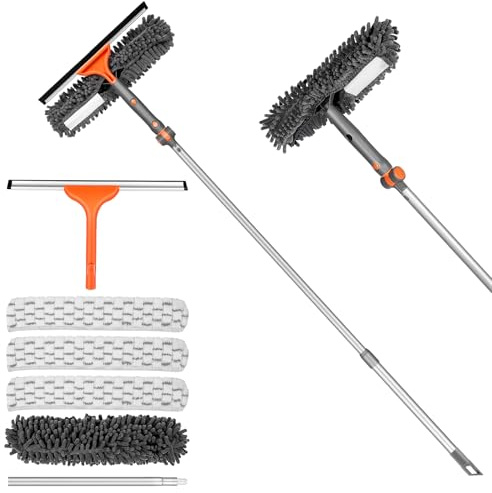 Set di pulizia per finestre 2 in 1 con asta estraibile, set per la pulizia delle finestre con testa flessibile per vetri interni ed esterni auto (Kit2.0)