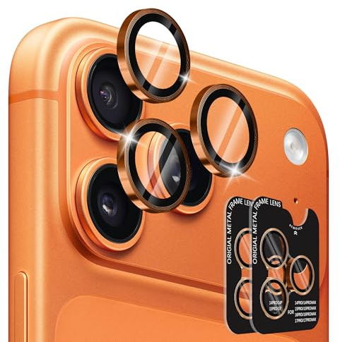 2 Jeux Protection Camera pour iPhone 17 Pro Max/17 Pro/16 Pro/16 Pro Max | Verre Trempé 9H Anti-rayures, Ultra-fin, Anneau Individuel Protections d'objectif pour iPhone 15 Pro/15 Pro Max – Orange