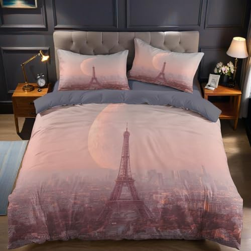 Arancione Rosa Set Copripiumino Matrimoniale 200x200 cm Torre Eiffel a Parigi Biancheria da Letto in Cotone Poliestere con 1 Copripiumino e 2 Federe 50x80 cm per Ragazzi e Ragazze