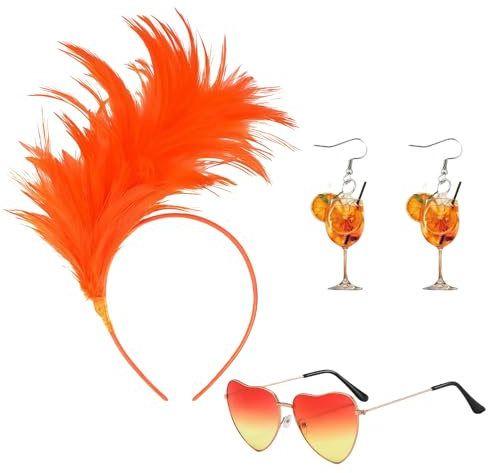 YOKJGHDO 3 Stück Karneval Kostüm Damen Zubehör – Orange Haarreifen Damen Set mit Feder, Herz-Sonnenbrille & Ohrringen, Aperol Kostüm Party Accessoires für Fasching & Karneval