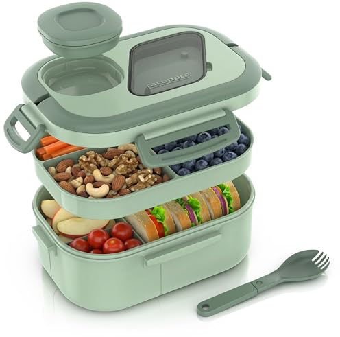Arendo - Lunchbox Brotdose mit Fächern - 1000 ml – 6 Fächer plus Butterdose und Besteckfach – Tragegriffe – auslaufsicher – Mikrowelle Spülmaschine Eisfach – BPA-frei - für Erwachsene und Kinder