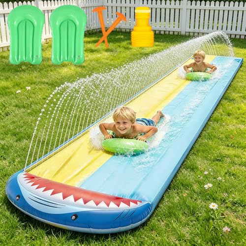 Water Slide Mat, TGKYK 15.7ft/480cm Slip Slide With 2 Bodyboards, Water Slides with Sprinkler, Double Lane Slip and Slide Water Slide for Kids Adults Outdoor Water Play Activities (Shark)