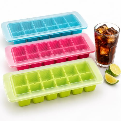 Ys Family Pack 3 Cubiteras con Tapa para Congelador, Moldes de Hielo de Plástico Reutilizable 36 Cubitos, Apilables, Hielo Limpio, Ideal para Refrescos, Cócteles y Limonadas, Azul, Rojo y Verde