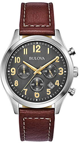 Bulova Men's Classic Stainless Steel Chronograph Quartz Watch, Brown Leather Strap with Gold Tone Arabic Markers, 41mm Style: 96B301