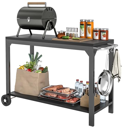HOMCOM Desserte de Jardin en Acier Desserte pour plancha Chariot de Service à roulettes Desserte extérieure à roulettes avec Plan de Travail dim. 135L x 55l x 86,5H cm Noir