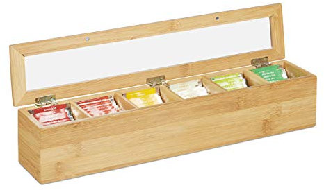 Relaxdays Scatola Porta Tè e Tisane, 6 Scomparti,72 Bustine,Organizer con Coperchio,Salva-Aroma,9x44x9 cm,legno naturale