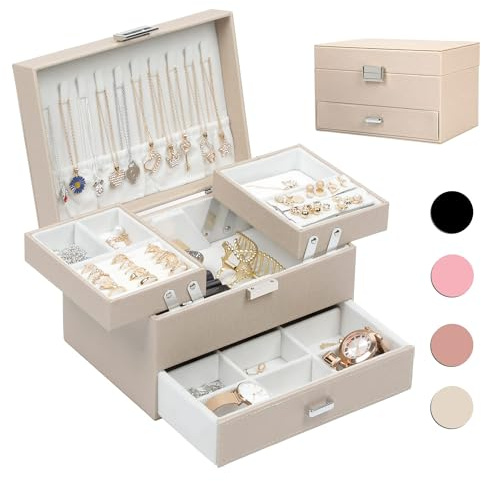 Dajasan Jewelry Organizer Box, Large Jewelry Boxes for Women Girls, Space-Saving 3 Layers Jewelry Storage Case with Drawer, Movable Metal Stand, Modern, Gift Idea (Champagne)