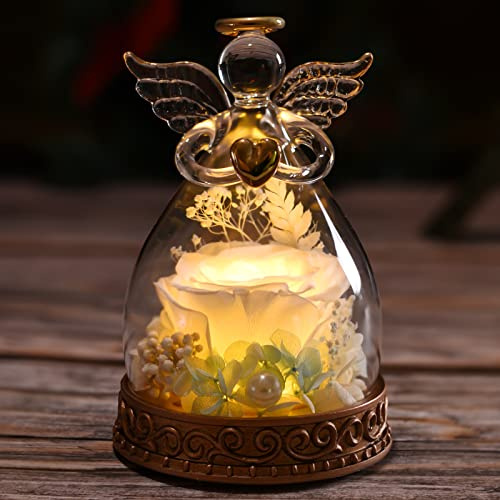 Aastin Preserved Real Rose in Glass Angel Figurine with LED Light, Angel Gifts for Women, Mom, Grandma on Mother's Day Christmas Birthday (White)