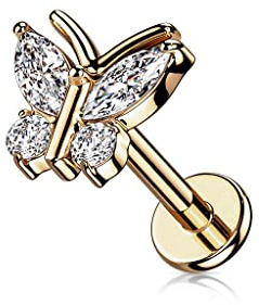 beyoutifulthings 1 Knorpel Ohr-Stecker Schmetterling Silber Gold Roségold 4 Zirkonia Clear Piercing-s Chirurgenstahl Schraub-Verschluss Stab 6/8-mm lang