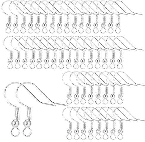 Pendientes de ganchillo, pendientes de pendiente, ganchos de oreja | plata de ley 925, ganchos de hilo de oreja hipoalergénicos con bola de resorte, pendientes de bricolaje (plata, 50 piezas)