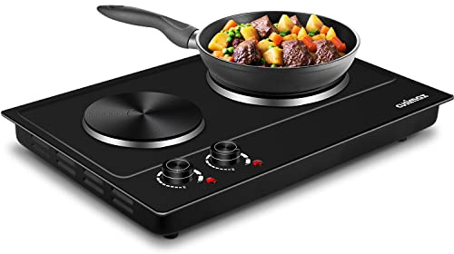 CUSIMAX Hot Plate, 1800W Electric Burner Double Hot Plate for Cooking Countertop Burner with Adjustable Temperature Control, Portable Electric Cast Iron Hot Plates Cooktop, Easy to Clean, Black