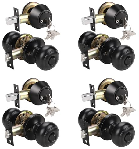 KNOBWELL 4 Pack Entry Door Knob and Double Cylinder Deadbolt Set, Keyed Alike Black Exterior Door Knob with Key Lock and Deadbolt for Office/Front Door, Front Door Handle and Deadbolt