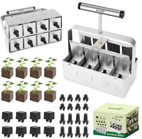 BlumWay Bloqueador de suelo mejorado, bloqueador de semillas de 8 celdas de 2 pulgadas, manual de bloque de suelo cuádruple con 3 tipos de pines de semillas, herramienta de bloqueo de suelo de mano