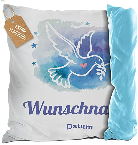 Print Royal PR Flauschiges Kissen zur Taufe mit Name & Datum - Taube auf Aquarell - Geschenke zur Taufe, personalisierte Taufgeschenke Patenkind | inkl. Kissenfüllung, Rückseite Hellblau, 40 x 40 cm