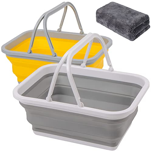 AUTODECO 2 Pack Collapsible Sink with Handle Towel, 2.37 Gal / 9L Foldable Wash Basin for Washing Dishes, Camping, Hiking and Home Gray&Yellow