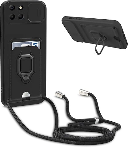 YFSYLL Handykette Schutzhülle kompatibel mit Huawei Honor X8 Handyhülle mit Band,Silikon Handyhülle Case mit Schiebe Kameraschutz,360 Grad Ringhalter Stand,Kartenfach,Schwarz