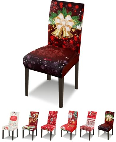 Lydevo Xmas Weihnachtlich Stuhlhussen 6er Set Stretch Stuhlhussen für Esszimmerstühle Stuhlhussen für Schwingstühle Waschbarer Abnehmbarer Stuhlbezug für Weihnachtliche Festival Christmas,Glöckchen