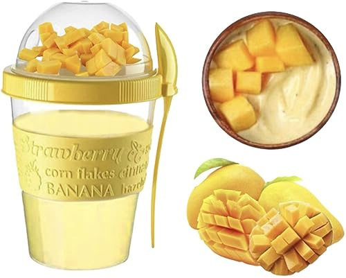 4All Reusable Yogurt Pots 600ml With Spoon Cereal Storage Containers With Lid Airtight Overnight Oats Jar BPA Free Breakfast Cup Cereal On The Go Dishwasher Safe (Yellow)