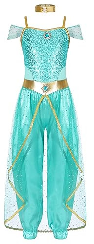 TiaoBug Mädchen Bauchtanz Kostüm Pailletten Schulterfrei Top und Weites Bein Hose Prinzessin Tanzkostüm Halloween Fasching Verkleidung Türkis B 134-140