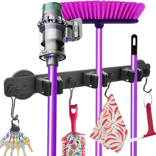 SKNOOY Black Aluminum Magnetic Mop Broom Holder with 4 Hooks and 3 Rubber Roller Clips, Heavy Duty Tool Organizer for Kitchen, Garage, Tool Room, Workshop